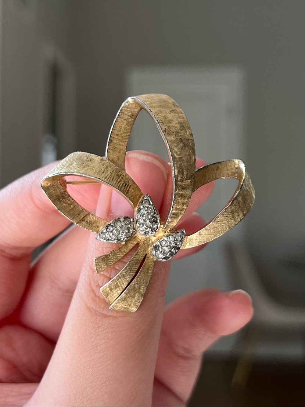 Vintage Jomaz Folded Ribbon Knot Rhinestone Gold Silver Brooch Pin